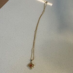 Gold Chain Necklace with Red Enamel Clover Pendant - Women's Jewelry